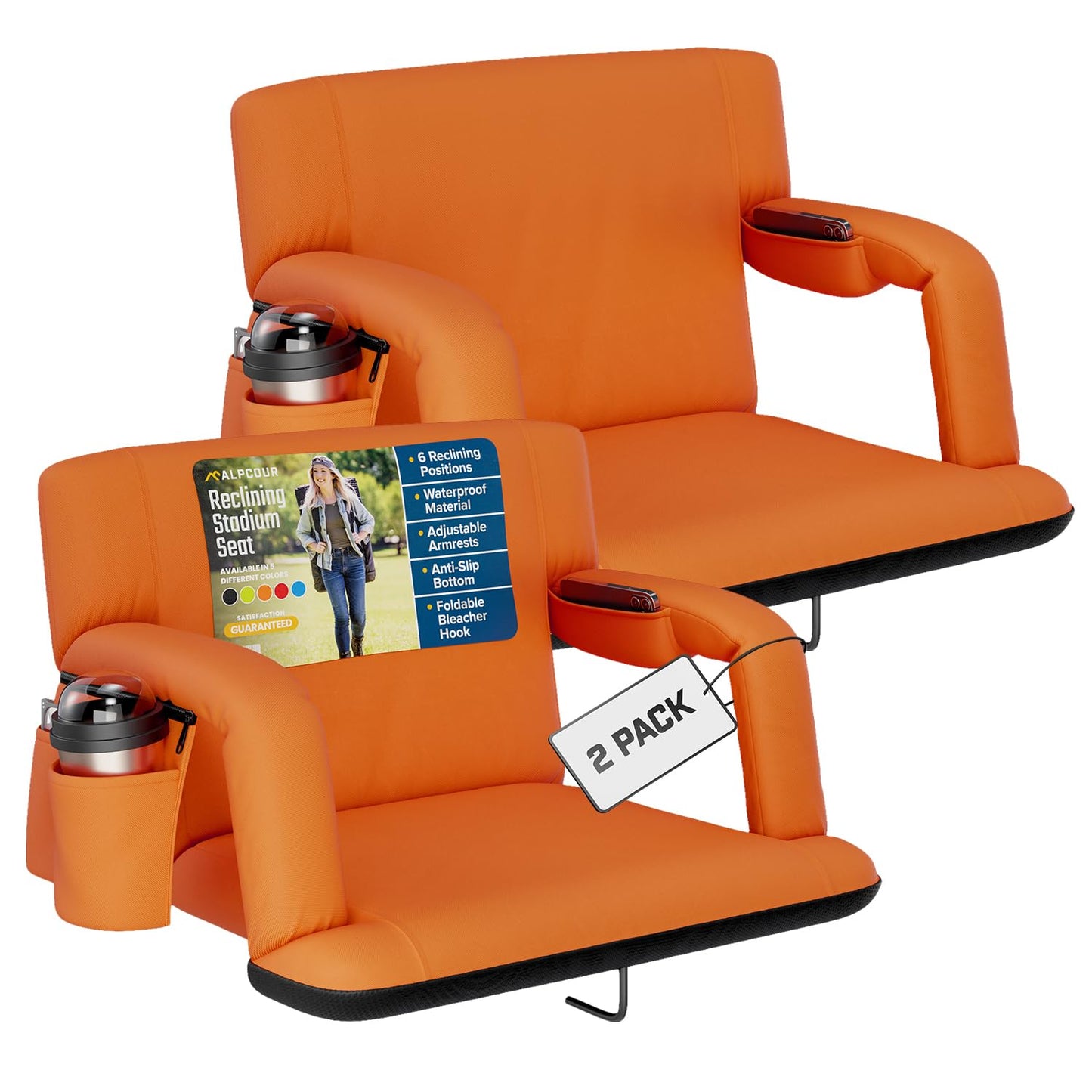 Alpcour Stadium Seats with Back Support for Bleachers – Wide Bleacher Chairs with Thick Padded Cushion, Armrests, Side Pockets, & Shoulder Straps – Best Portable Seat Chair for Sports Events