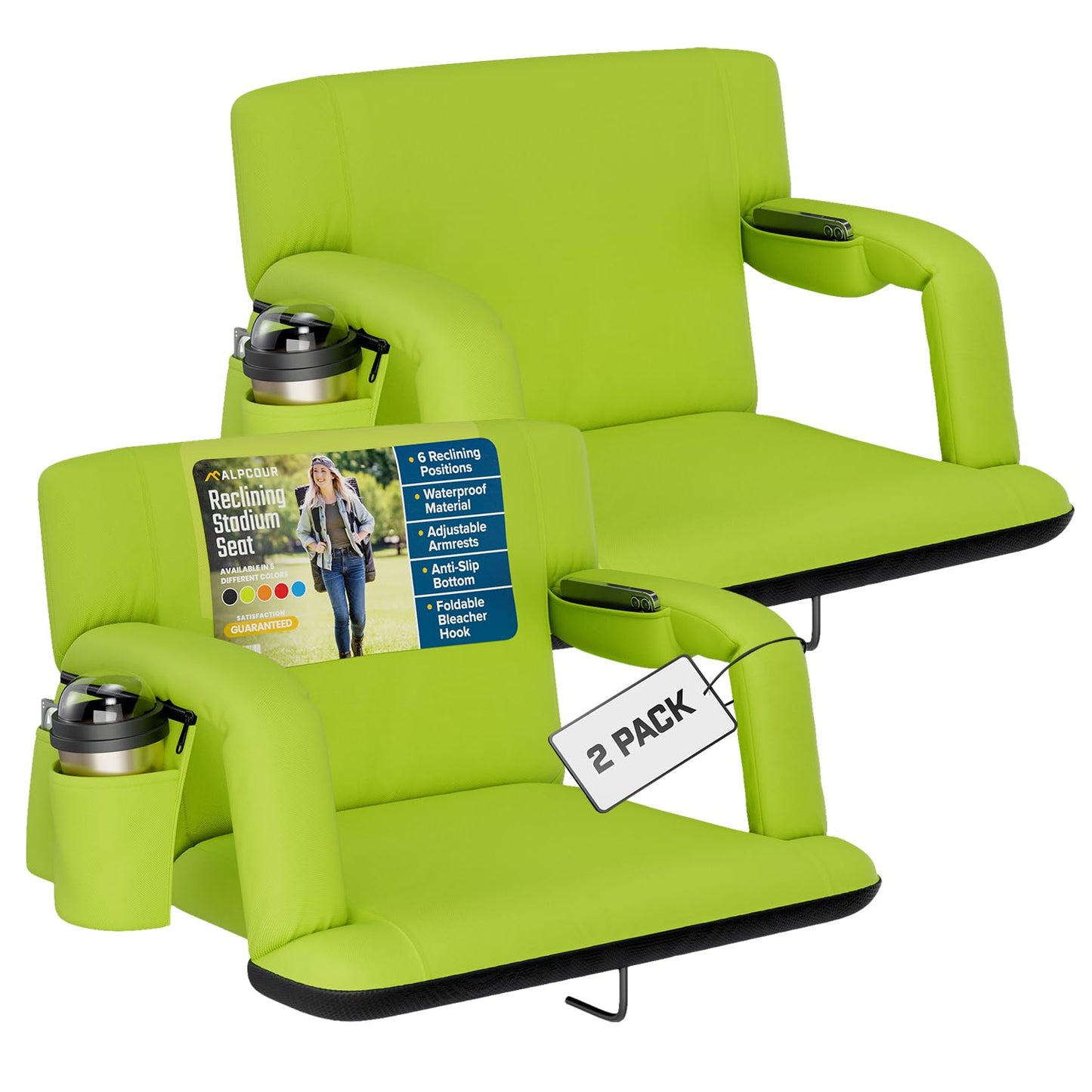 Alpcour Stadium Seats with Back Support for Bleachers – Wide Bleacher Chairs with Thick Padded Cushion, Armrests, Side Pockets, & Shoulder Straps – Best Portable Seat Chair for Sports Events