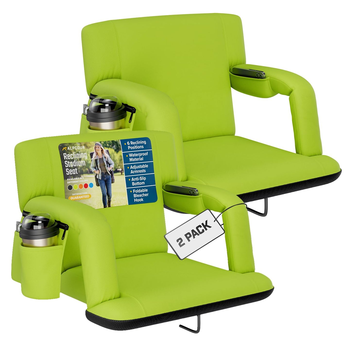 Alpcour Stadium Seats with Back Support for Bleachers – Wide Bleacher Chairs with Thick Padded Cushion, Armrests, Side Pockets, & Shoulder Straps – Best Portable Seat Chair for Sports Events