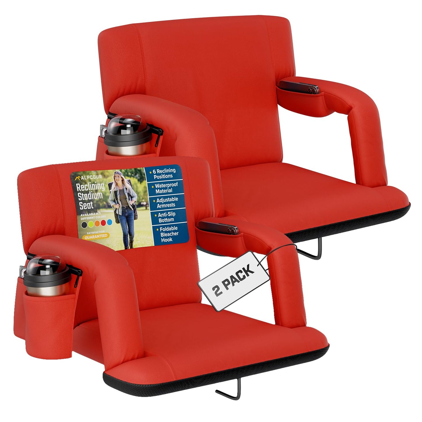 Alpcour Stadium Seats with Back Support for Bleachers – Wide Bleacher Chairs with Thick Padded Cushion, Armrests, Side Pockets, & Shoulder Straps – Best Portable Seat Chair for Sports Events