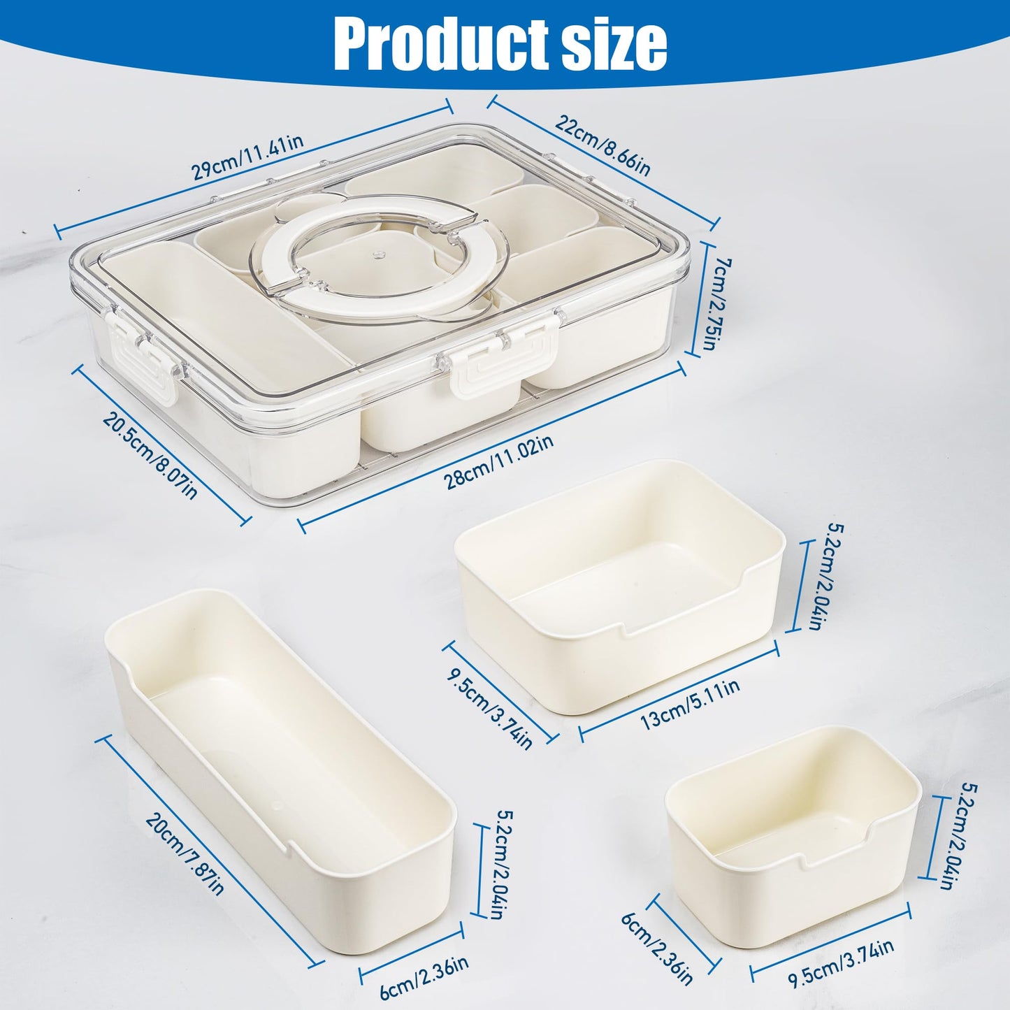 Bandesun Divided Serving Tray with Lid and Handle - Snackle Box Charcuterie Container for Portable Snack Platters - Clear Organizer for Candy, Fruits, Snacks，Nuts - Perfect (Pack of 2)