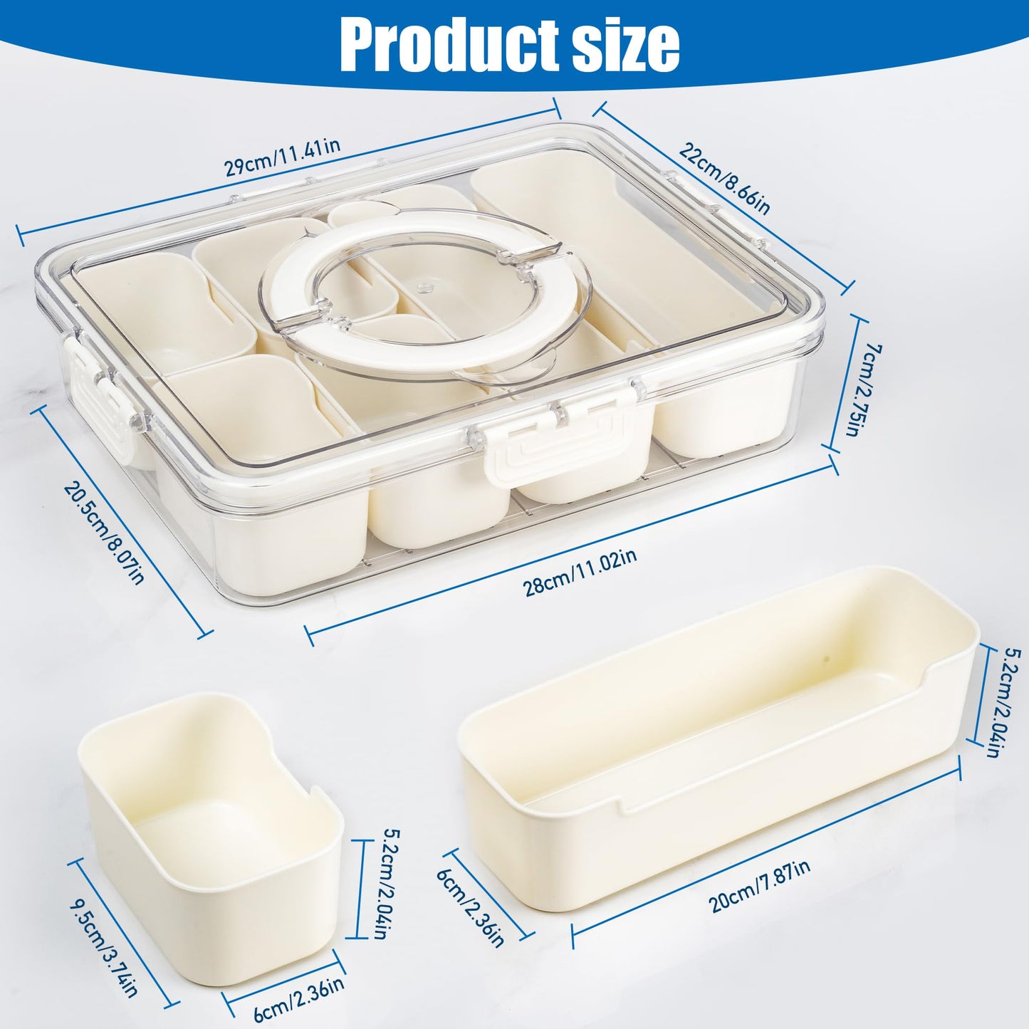 Bandesun Divided Serving Tray with Lid and Handle - Snackle Box Charcuterie Container for Portable Snack Platters - Clear Organizer for Candy, Fruits, Snacks，Nuts - Perfect (Pack of 2)