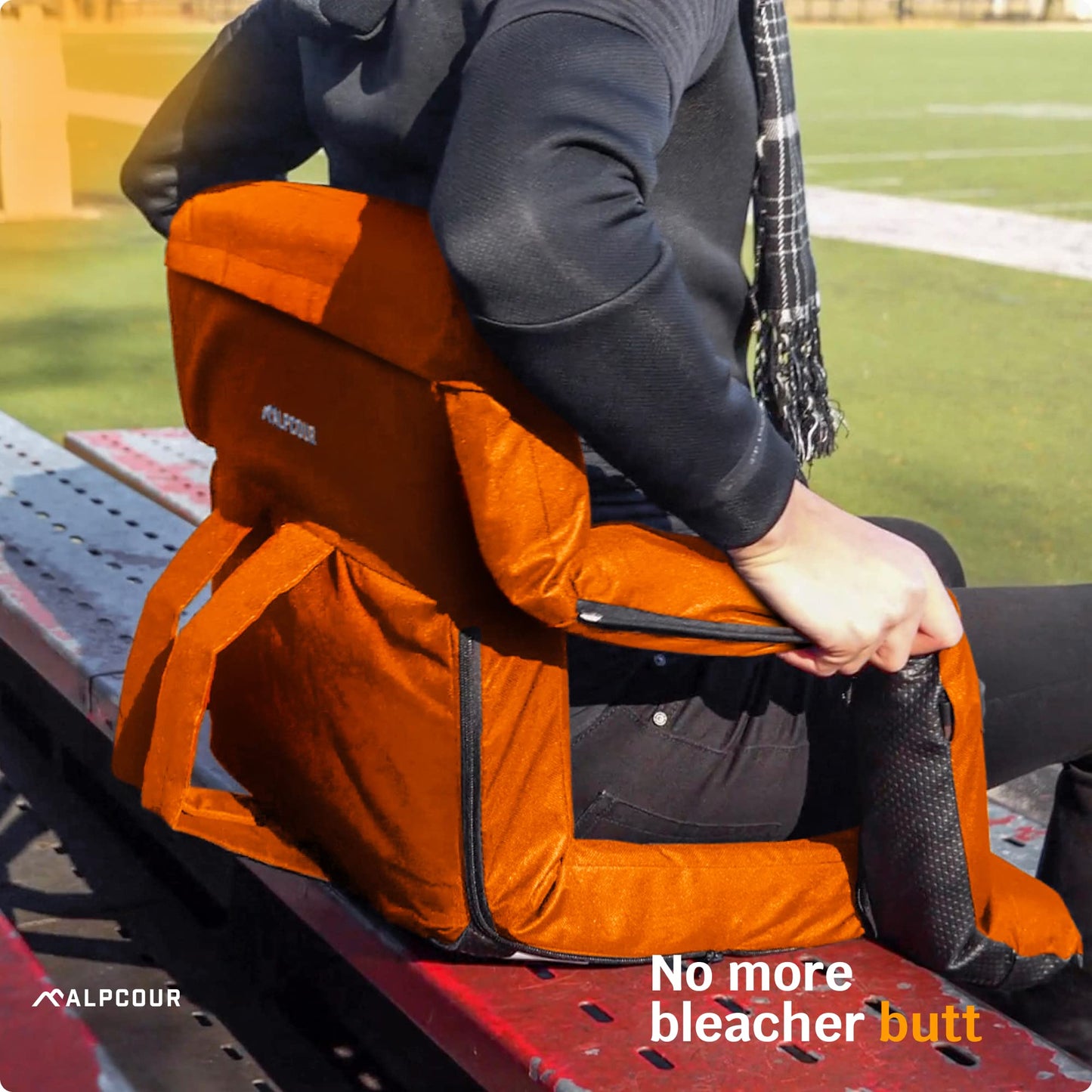 Alpcour Stadium Seats with Back Support for Bleachers – Wide Bleacher Chairs with Thick Padded Cushion, Armrests, Side Pockets, & Shoulder Straps – Best Portable Seat Chair for Sports Events