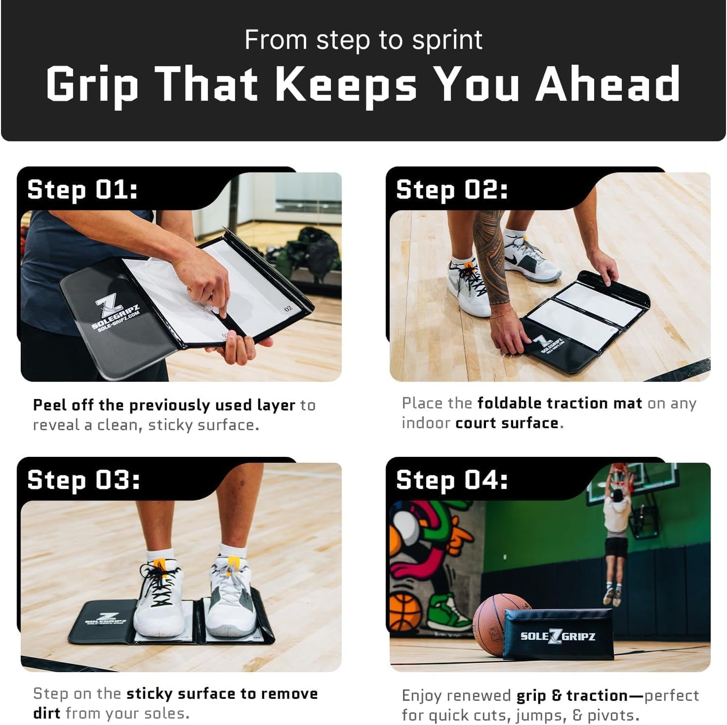 Portable Basketball & Volleyball Sticky Mat by Sola Athletics– Foldable, Reusable, Non-Slip Traction Board for Court Shoe Grip – Perfect for Hardwood Floors –60 Sticky Sheets