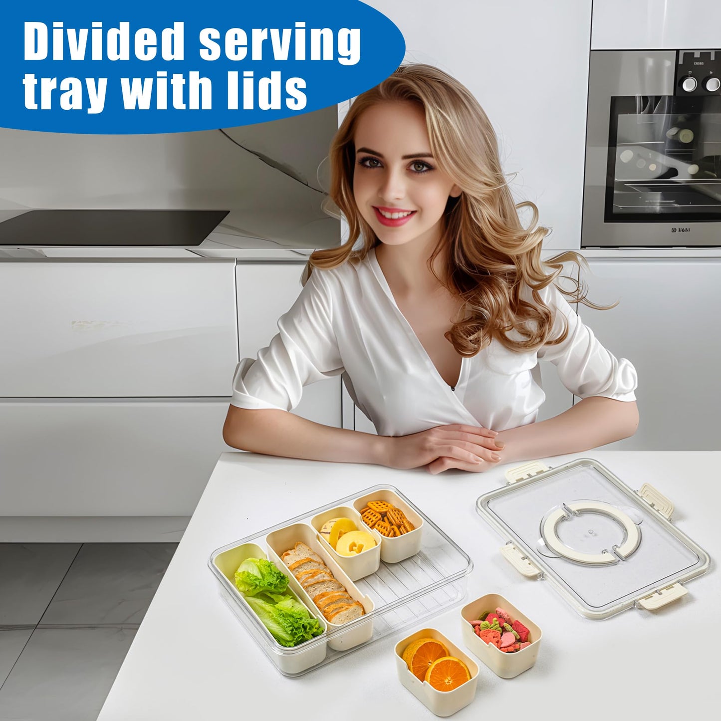 Bandesun Divided Serving Tray with Lid and Handle - Snackle Box Charcuterie Container for Portable Snack Platters - Clear Organizer for Candy, Fruits, Snacks，Nuts - Perfect (Pack of 2)