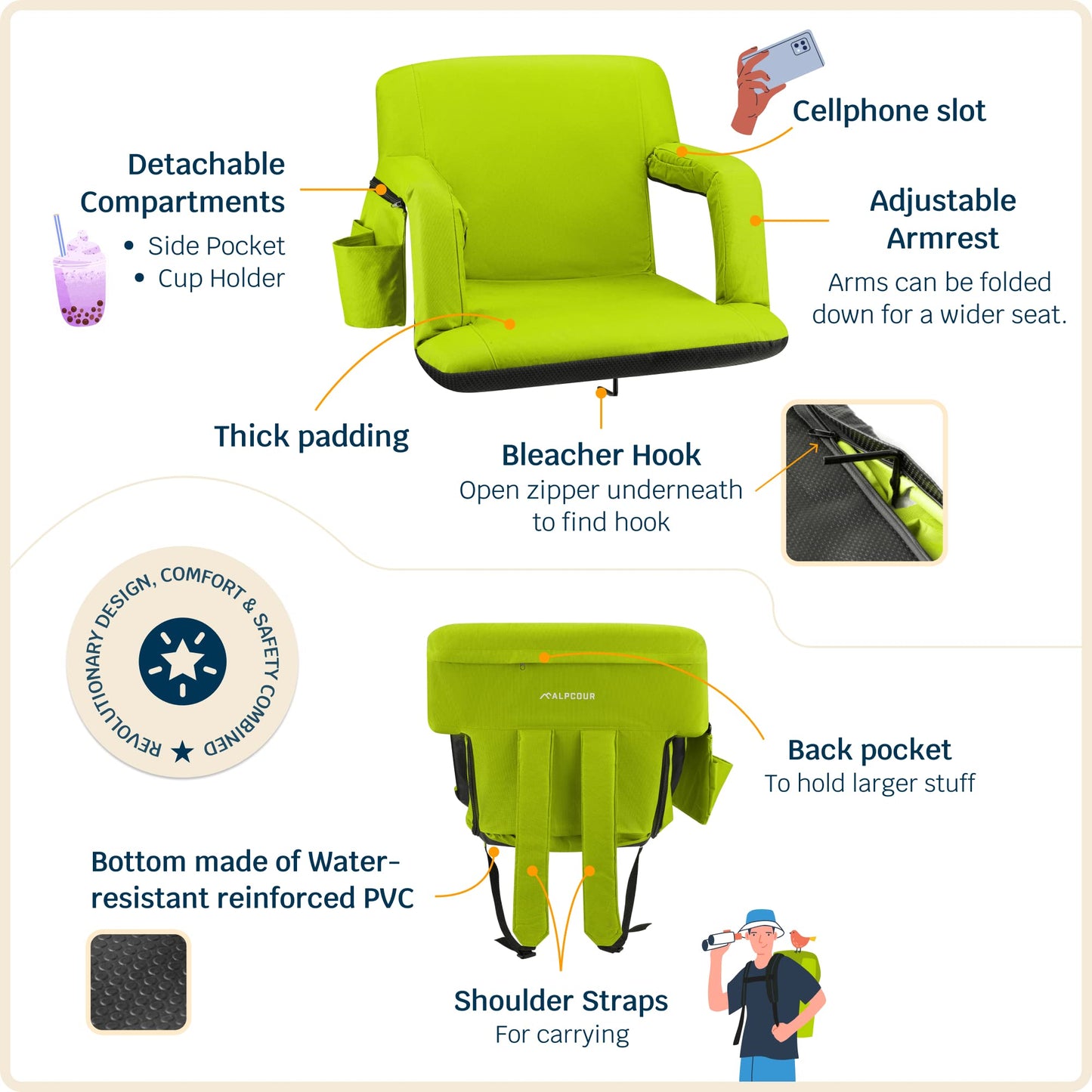 Alpcour Stadium Seats with Back Support for Bleachers – Wide Bleacher Chairs with Thick Padded Cushion, Armrests, Side Pockets, & Shoulder Straps – Best Portable Seat Chair for Sports Events