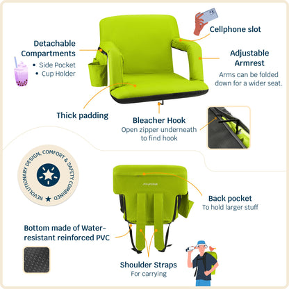 Alpcour Stadium Seats with Back Support for Bleachers – Wide Bleacher Chairs with Thick Padded Cushion, Armrests, Side Pockets, & Shoulder Straps – Best Portable Seat Chair for Sports Events