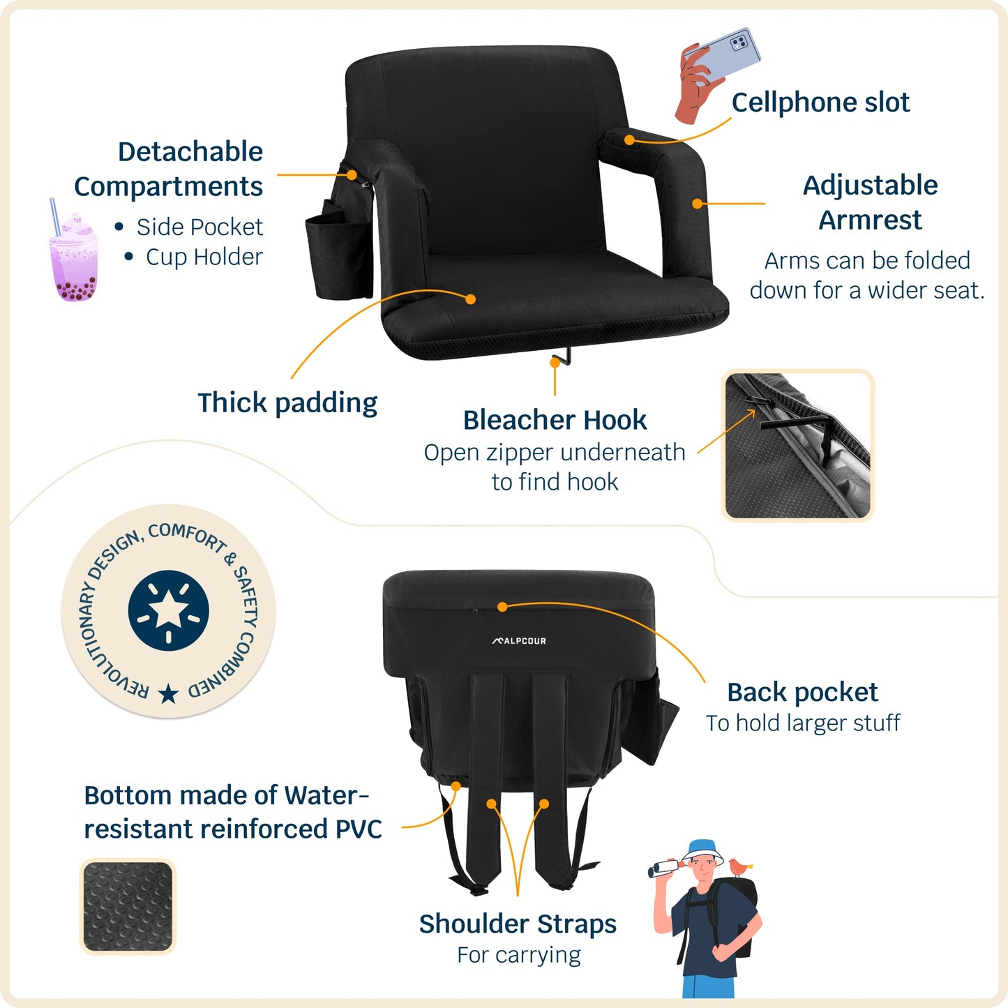 Alpcour Stadium Seats with Back Support for Bleachers – Wide Bleacher Chairs with Thick Padded Cushion, Armrests, Side Pockets, & Shoulder Straps – Best Portable Seat Chair for Sports Events