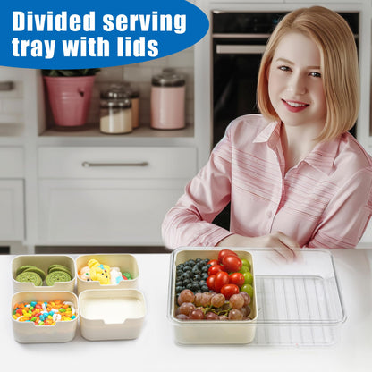 Bandesun Divided Serving Tray with Lid and Handle - Snackle Box Charcuterie Container for Portable Snack Platters - Clear Organizer for Candy, Fruits, Snacks，Nuts - Perfect (Pack of 2)
