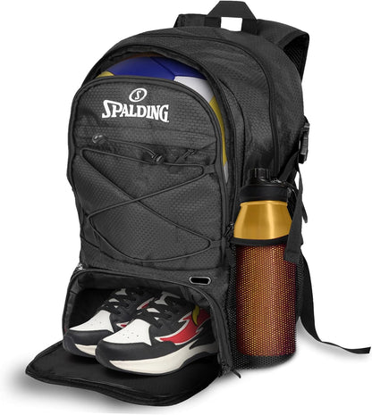 Spalding Volleyball Backpack Sports Bag, Black Backpack with Ball and Shoe Compartment Fits Sports Equipment, Official Bag Use for Beach Volley Game, Gift for Ball Players, Black