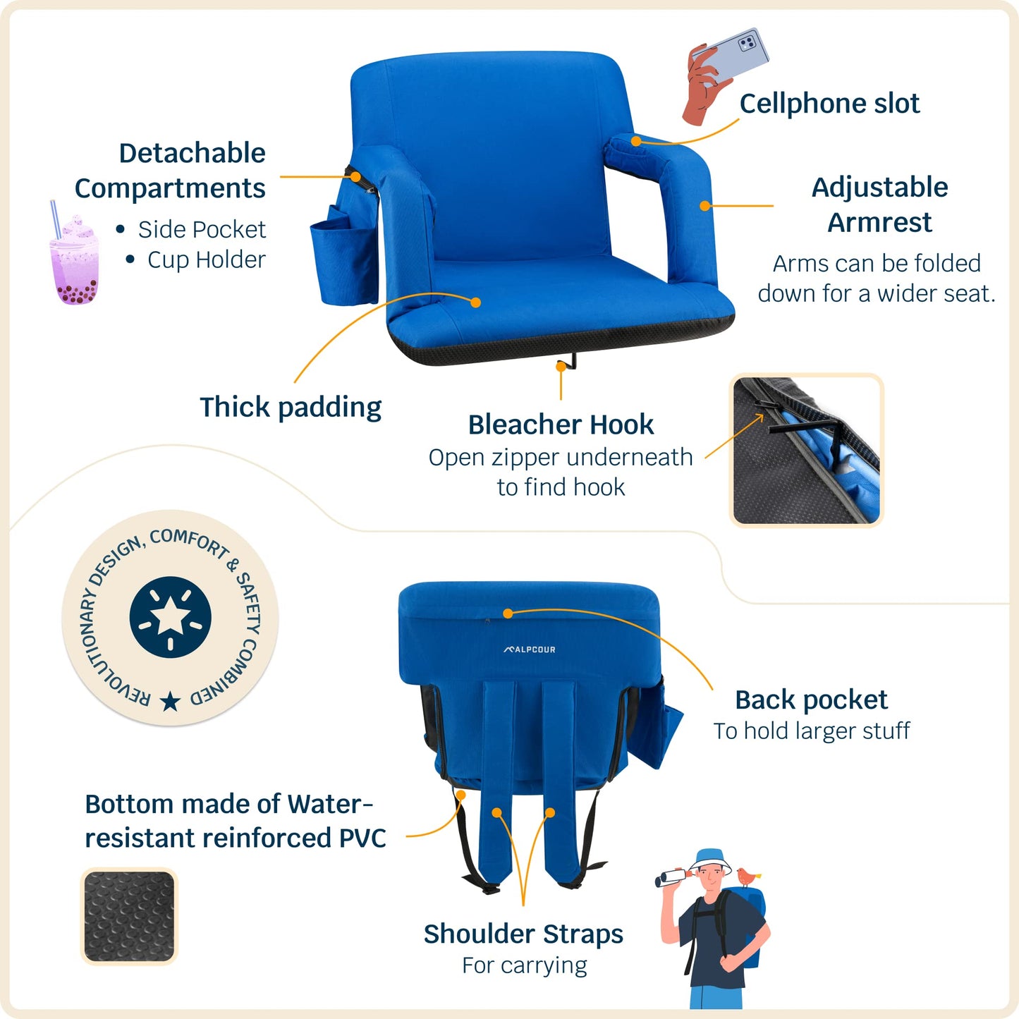 Alpcour Stadium Seats with Back Support for Bleachers – Wide Bleacher Chairs with Thick Padded Cushion, Armrests, Side Pockets, & Shoulder Straps – Best Portable Seat Chair for Sports Events