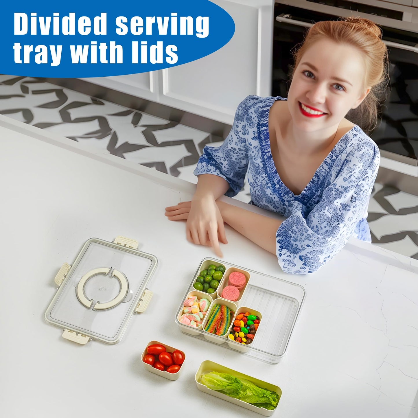 Bandesun Divided Serving Tray with Lid and Handle - Snackle Box Charcuterie Container for Portable Snack Platters - Clear Organizer for Candy, Fruits, Snacks，Nuts - Perfect (Pack of 2)