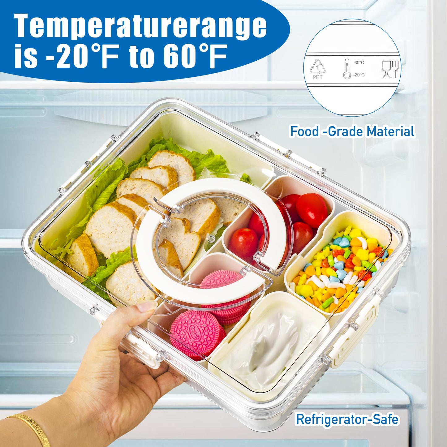 Bandesun Divided Serving Tray with Lid and Handle - Snackle Box Charcuterie Container for Portable Snack Platters - Clear Organizer for Candy, Fruits, Snacks，Nuts - Perfect (Pack of 2)