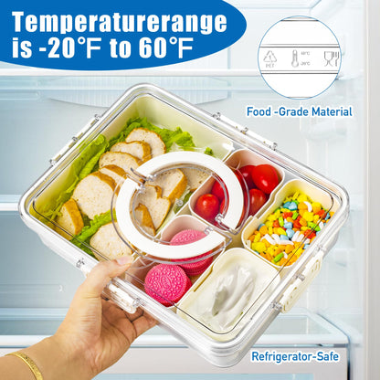 Bandesun Divided Serving Tray with Lid and Handle - Snackle Box Charcuterie Container for Portable Snack Platters - Clear Organizer for Candy, Fruits, Snacks，Nuts - Perfect (Pack of 2)