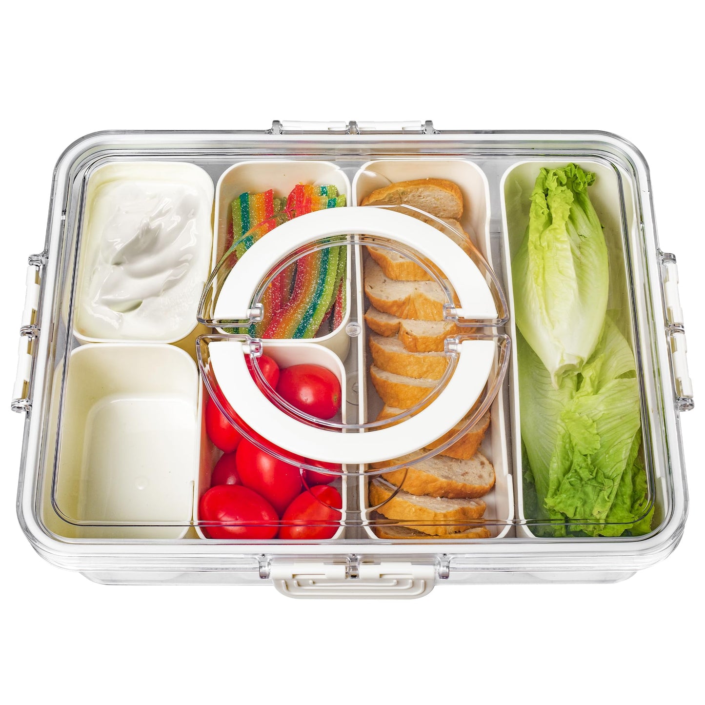 Bandesun Divided Serving Tray with Lid and Handle - Snackle Box Charcuterie Container for Portable Snack Platters - Clear Organizer for Candy, Fruits, Snacks，Nuts - Perfect (Pack of 2)