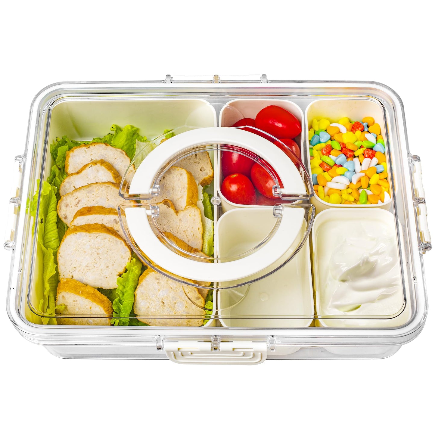 Bandesun Divided Serving Tray with Lid and Handle - Snackle Box Charcuterie Container for Portable Snack Platters - Clear Organizer for Candy, Fruits, Snacks，Nuts - Perfect (Pack of 2)