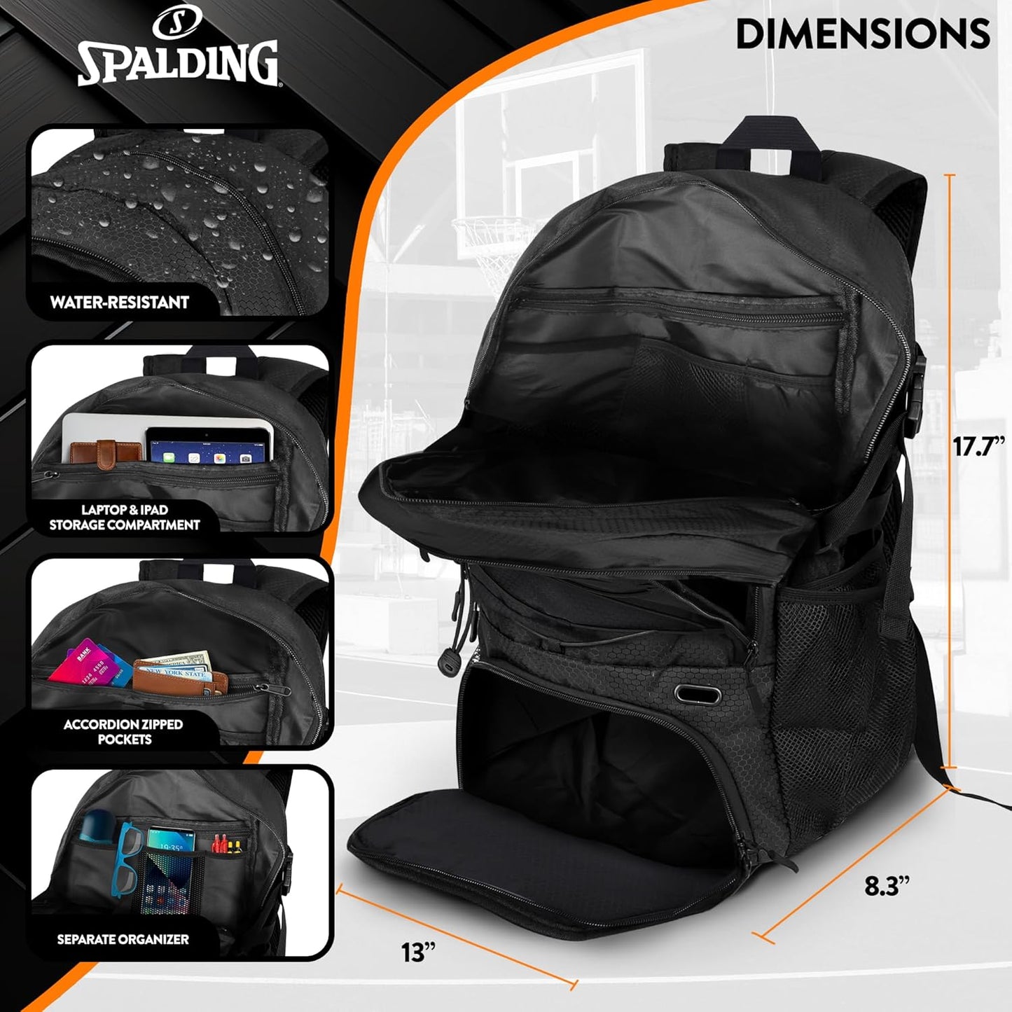Spalding Volleyball Backpack Sports Bag, Black Backpack with Ball and Shoe Compartment Fits Sports Equipment, Official Bag Use for Beach Volley Game, Gift for Ball Players, Black