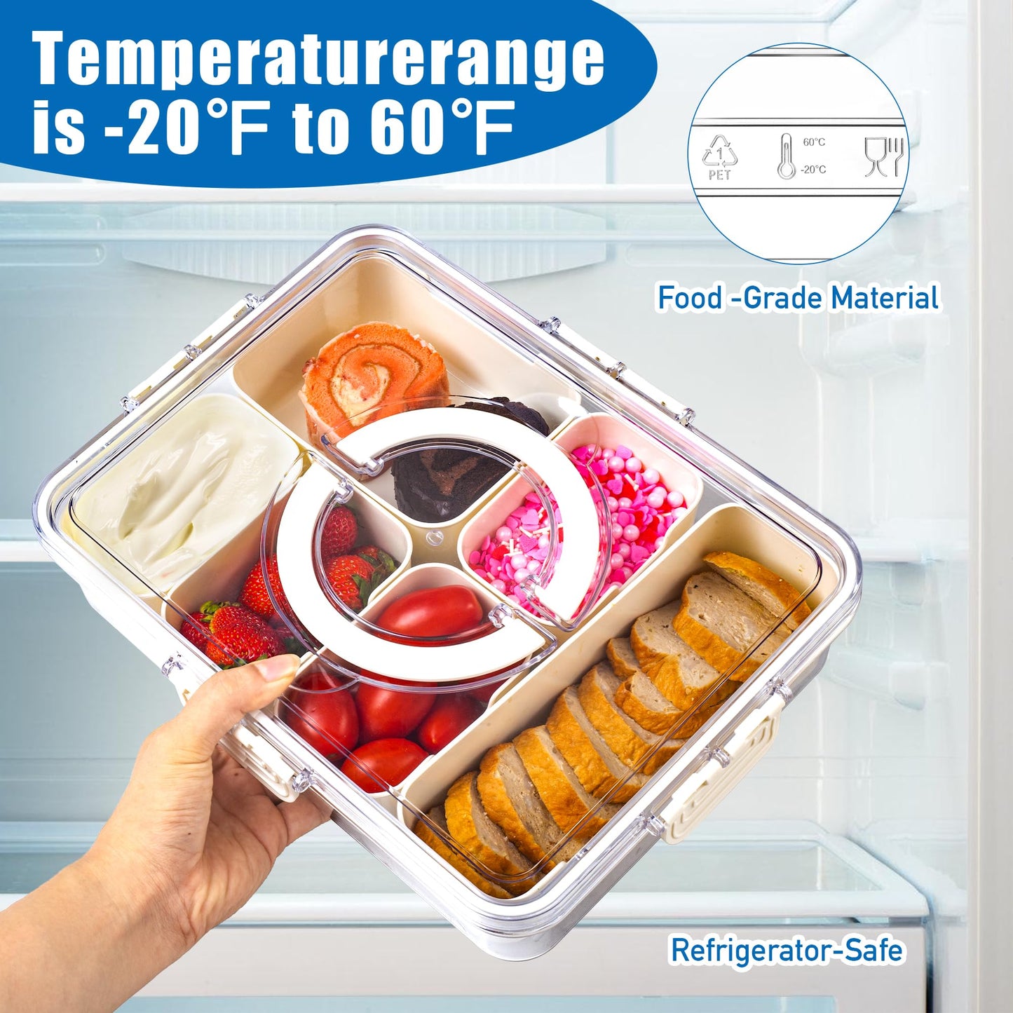 Bandesun Divided Serving Tray with Lid and Handle - Snackle Box Charcuterie Container for Portable Snack Platters - Clear Organizer for Candy, Fruits, Snacks，Nuts - Perfect (Pack of 2)