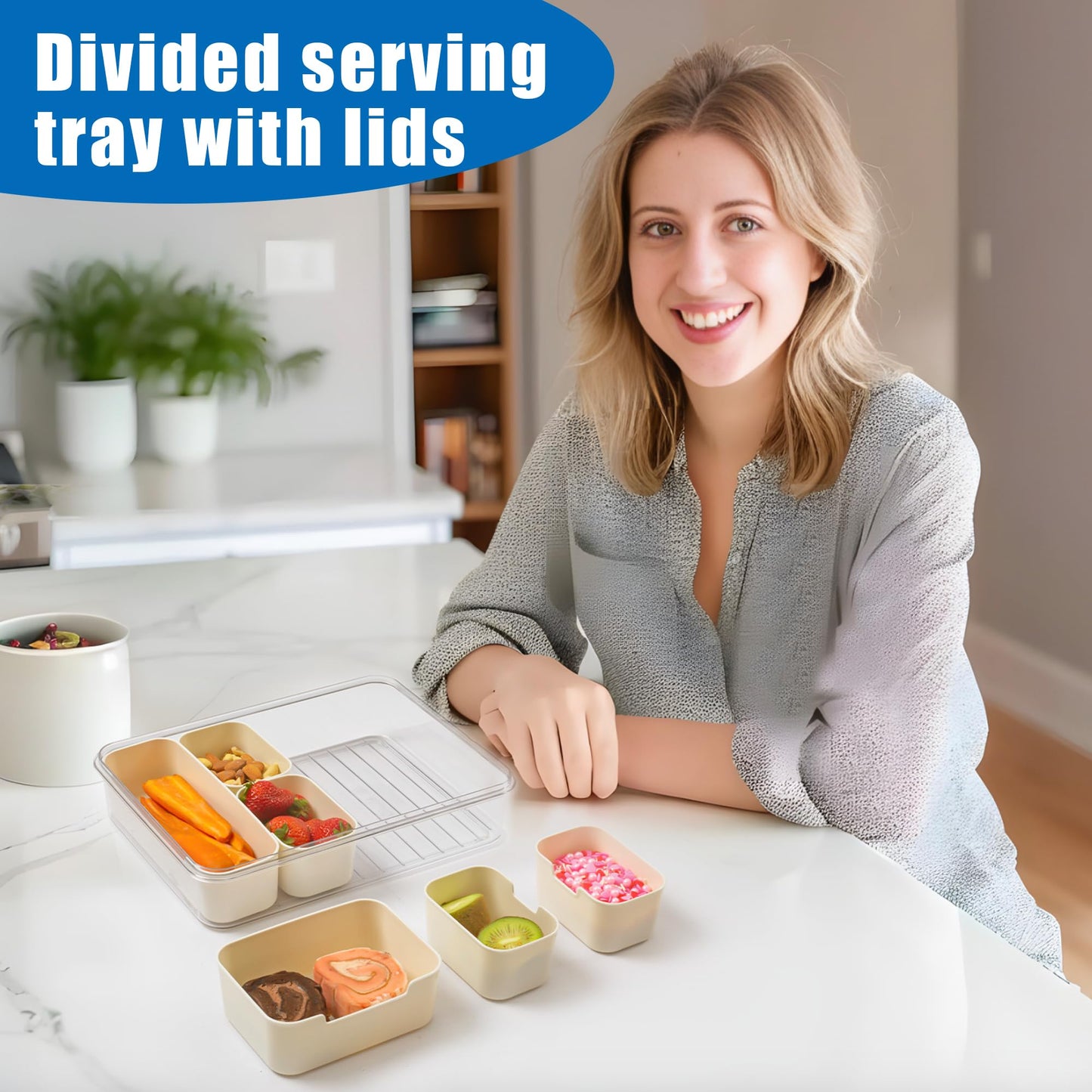 Bandesun Divided Serving Tray with Lid and Handle - Snackle Box Charcuterie Container for Portable Snack Platters - Clear Organizer for Candy, Fruits, Snacks，Nuts - Perfect (Pack of 2)