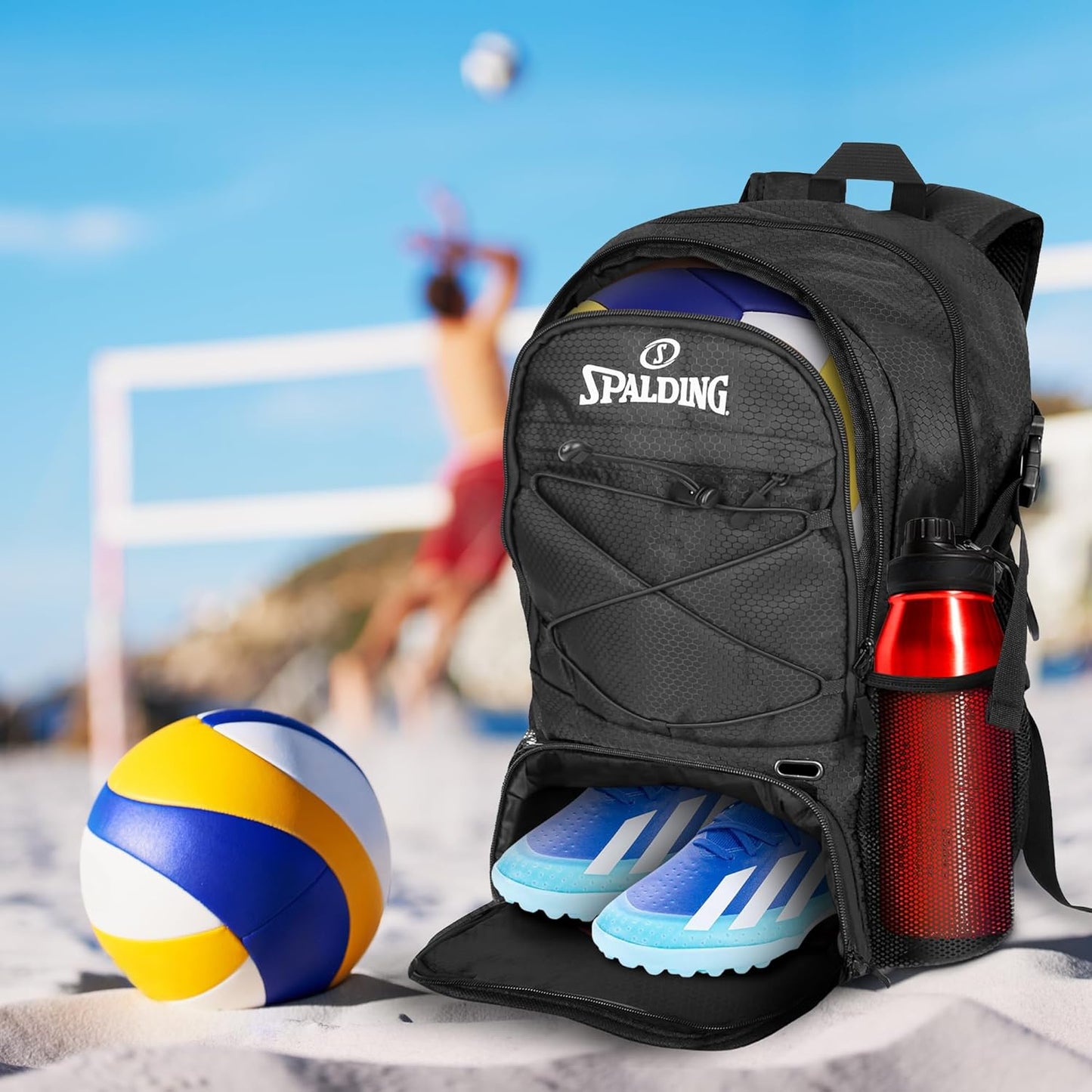 Spalding Volleyball Backpack Sports Bag, Black Backpack with Ball and Shoe Compartment Fits Sports Equipment, Official Bag Use for Beach Volley Game, Gift for Ball Players, Black