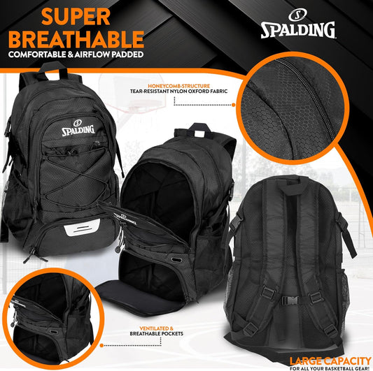 Spalding Volleyball Backpack Sports Bag, Black Backpack with Ball and Shoe Compartment Fits Sports Equipment, Official Bag Use for Beach Volley Game, Gift for Ball Players, Black
