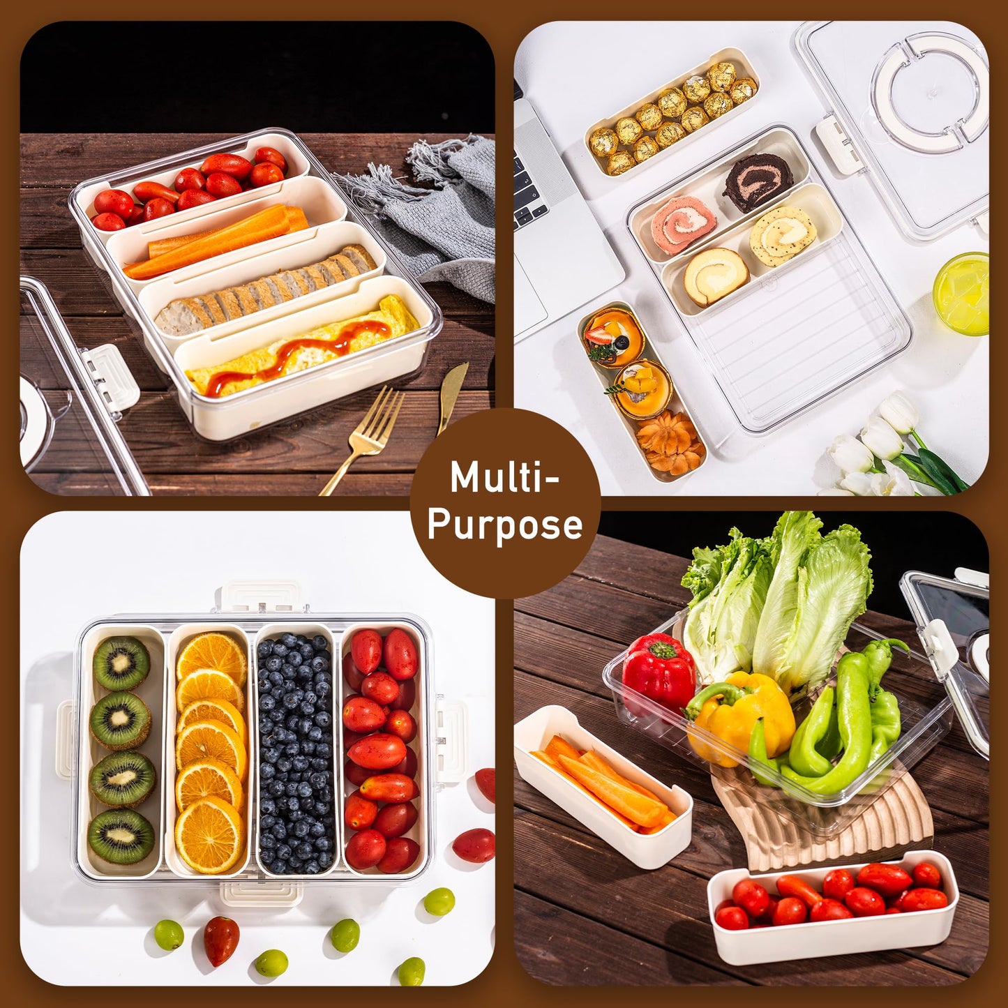Bandesun Divided Serving Tray with Lid and Handle - Snackle Box Charcuterie Container for Portable Snack Platters - Clear Organizer for Candy, Fruits, Snacks，Nuts - Perfect (Pack of 2)