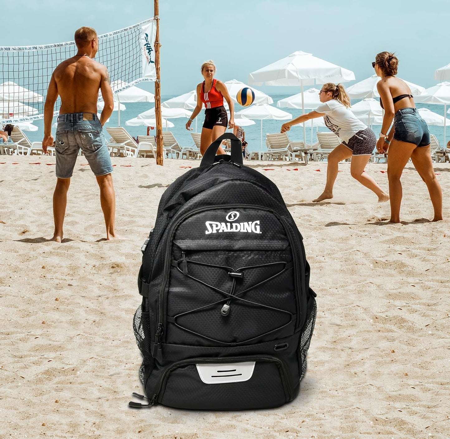 Spalding Volleyball Backpack Sports Bag, Black Backpack with Ball and Shoe Compartment Fits Sports Equipment, Official Bag Use for Beach Volley Game, Gift for Ball Players, Black