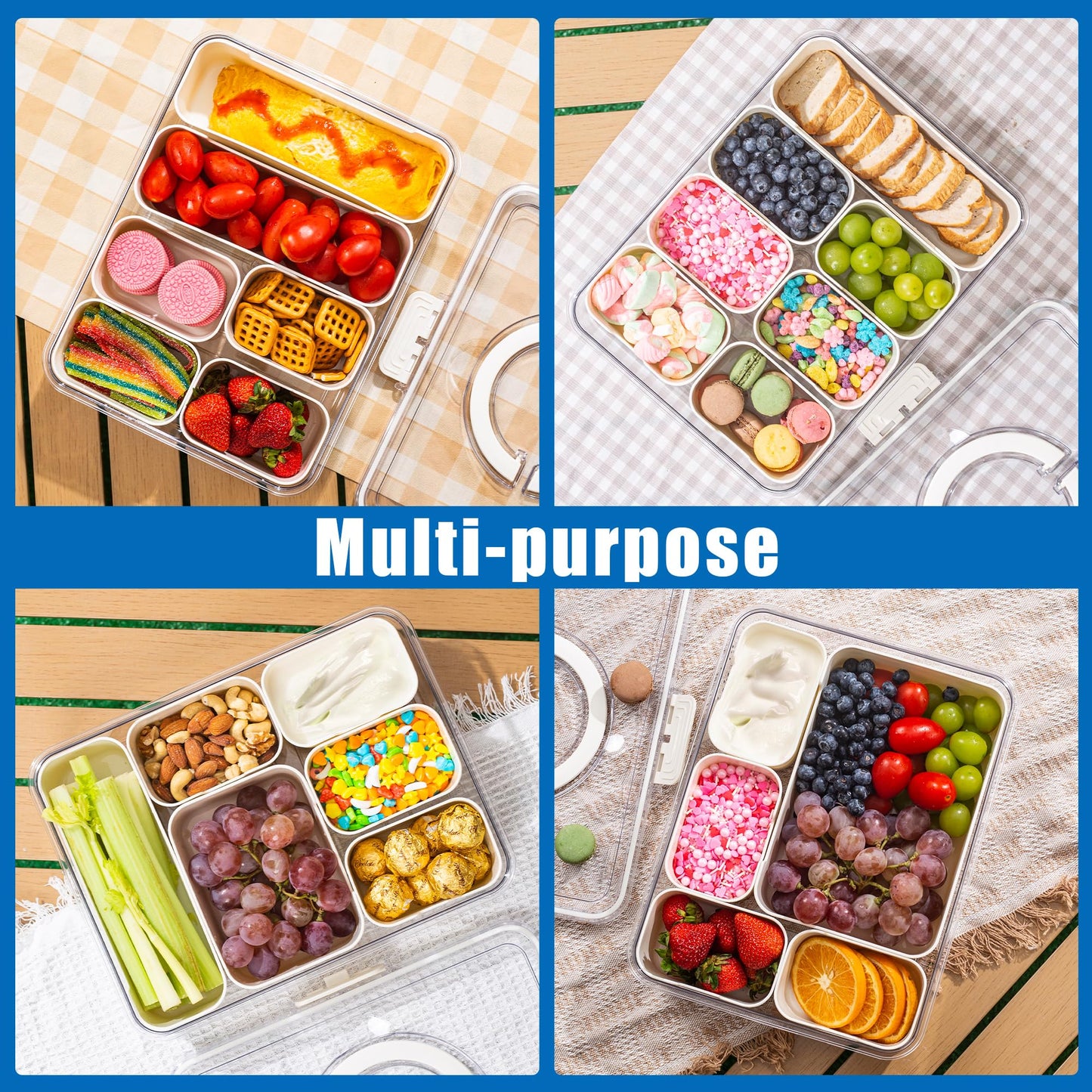 Bandesun Divided Serving Tray with Lid and Handle - Snackle Box Charcuterie Container for Portable Snack Platters - Clear Organizer for Candy, Fruits, Snacks，Nuts - Perfect (Pack of 2)